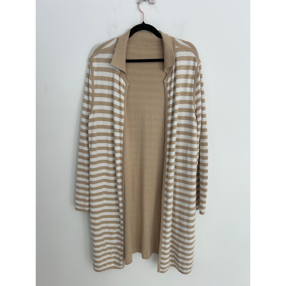 Tan White Striped Open Front Longline Cardigan Sweater Collar Midi Length Women